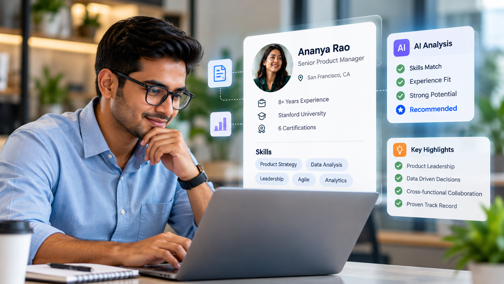 Recruiter reviewing an AI analysis of a candidate profile showing skills match, experience fit and key highlights