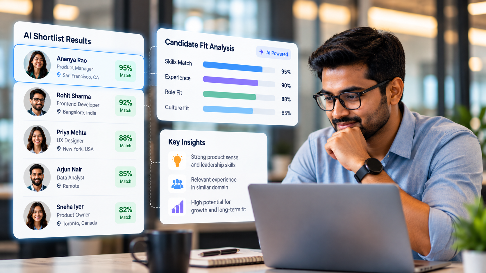 Hiring manager viewing an AI shortlist of candidates with candidate-fit analysis and key insights